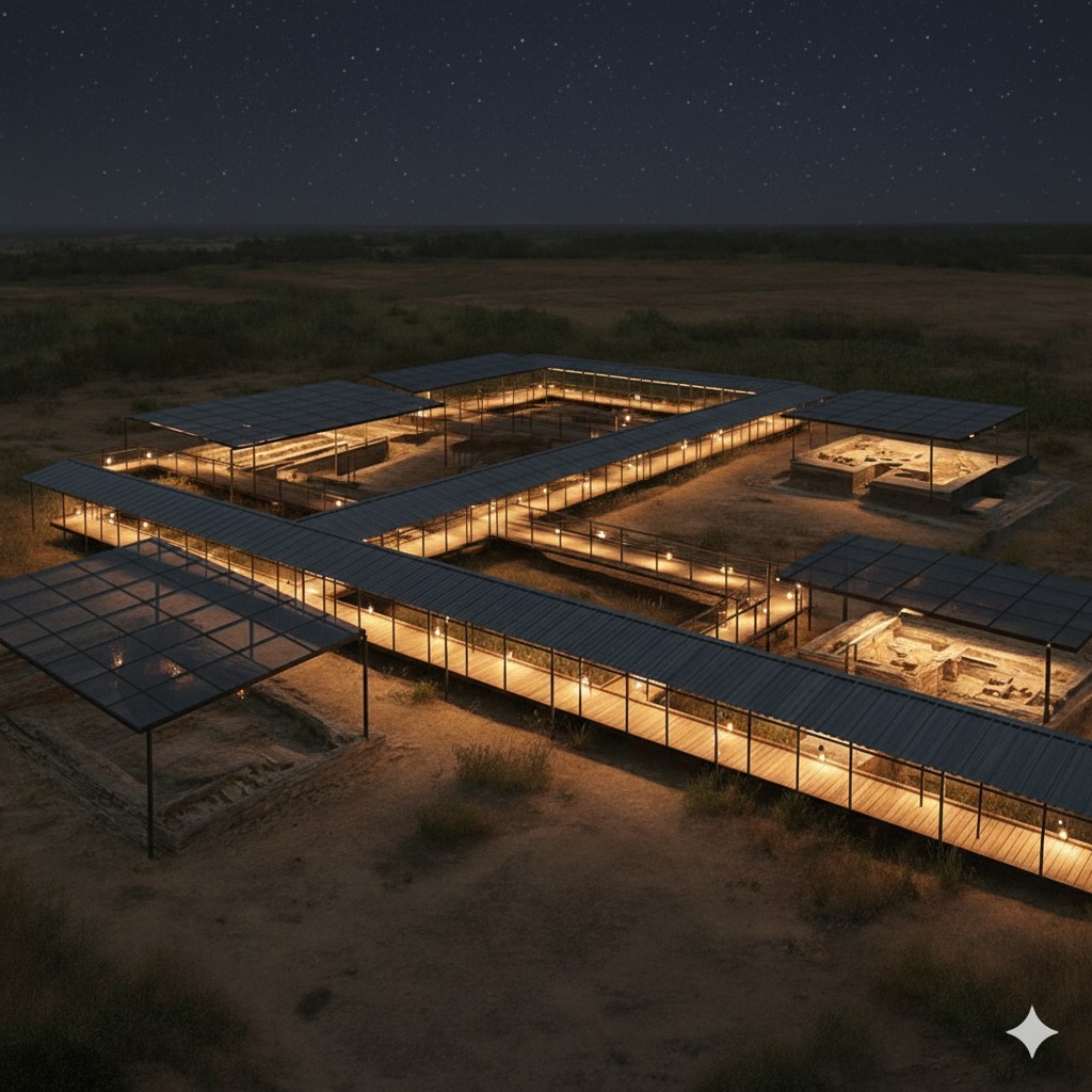 Veduta notturna del sito illuminato con luce calda