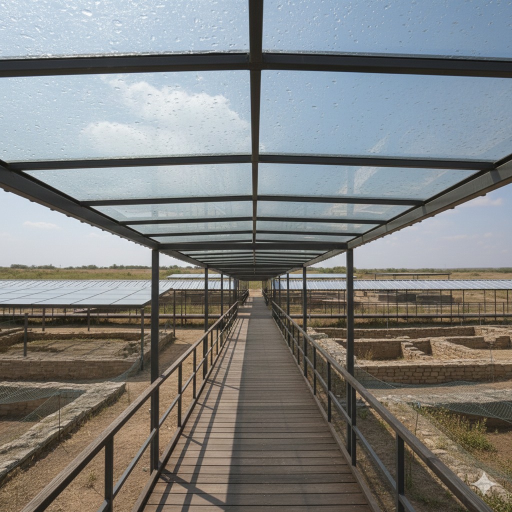 Percorso coperto con camminamento in legno e copertura trasparente