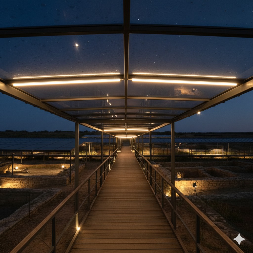 Percorso notturno con illuminazione lineare e rovine ai lati