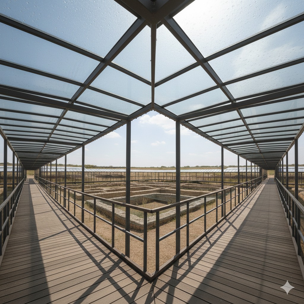 Vista simmetrica del percorso a V sopra le rovine