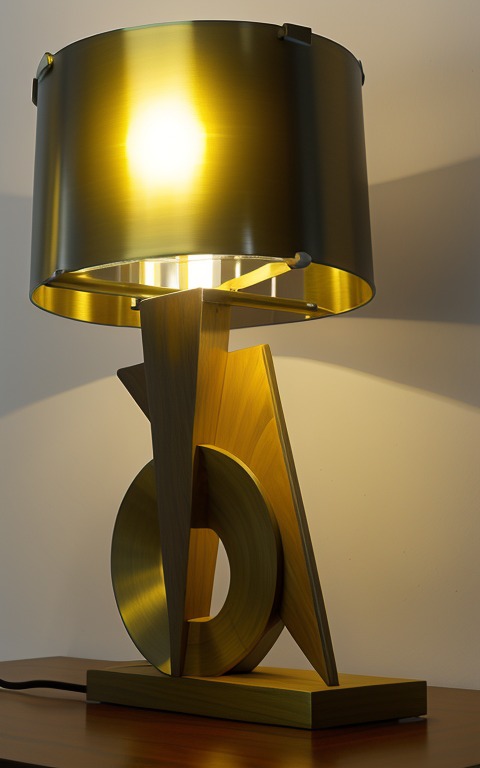 Lampada geometrica con elementi metallici e legno